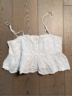 Patrons of Peace White Eyelet Crop Top Ruffle Hem Strappy